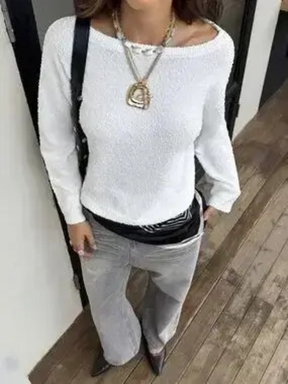 Boat Neck Dropped Shoulder Sweater - Picture 2 of 6